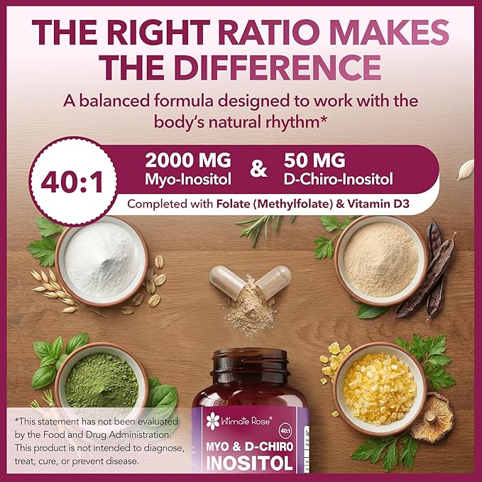 Intimate Rose Myo-Inositol &amp D-Chiro Inositol Supplement with Folate and Vitamin D - Support Hormonal Balance Regular Cycles and Ovarian Health - 30-Day Supply - 40:1 Ratio Capsules