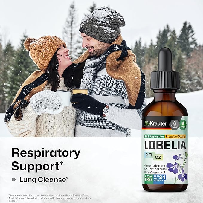 BIO KRAUTER Lobelia Tincture for Lung Cleanse &amp Detox - Pure Vegan Lobelia Herb Liquid Extract - 2 Fl.Oz. 84 Days of Supply - Respiratory Support Supplement - Alcohol &amp Sugar Free Non-GMO