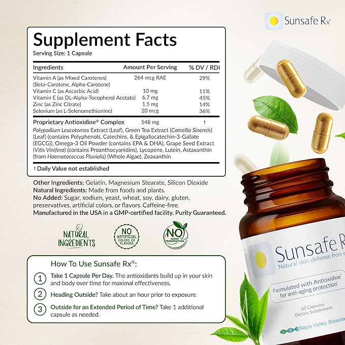 Sunsafe Rx Anti Aging Supplement: Natural Skin Protection Pills with Antioxidants for a Youthful Appearance &amp Eye Health + Vitamins Minerals &amp 250mg Polypodium Leucotomos (60 Capsules)