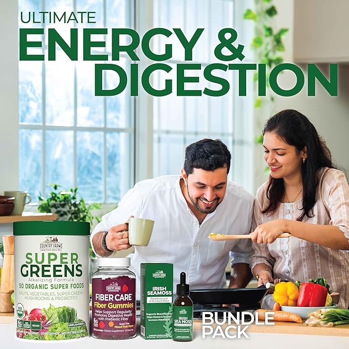 COUNTRY FARMS Super Greens Natural &amp Fiber Gummies with Bonus Sea Moss Tincture Natural Energy Support Digestive Health Supports Regularity Bundle Pack