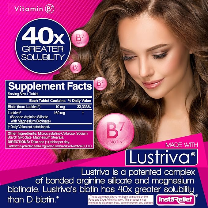InstaRelief® Hair Growth with Lustriva® - Clinically Shown to Grow Thicker Healthier Hair in 3 Weeks Reduce Wrinkles and Fine Lines with Biotin Silicon and Arginine 60 Tablets