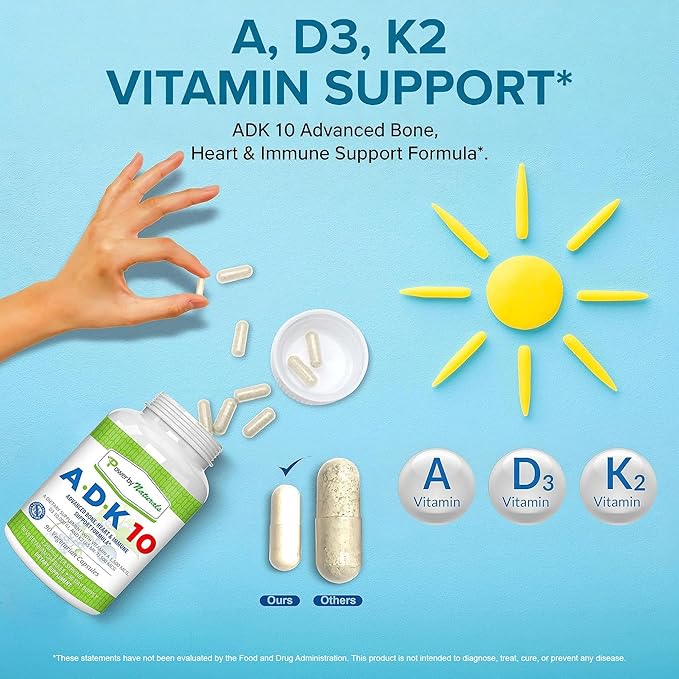 Power By Naturals ADK Vitamin Supplement – Vitamins A D3 250 mcg &amp K2 MK-7 for Bone &amp Immune Health – Gluten-Free Soy-Free – 180 Capsules 2-Pack (6-Month Supply)