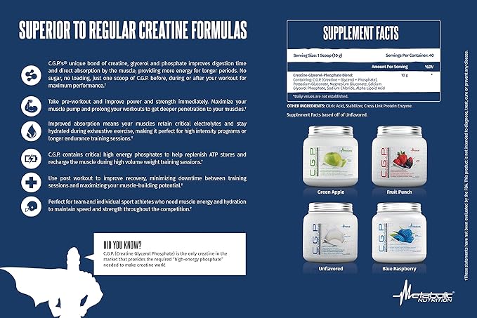 Metabolic Nutrition CGP Creatine Glycerol Phosphate 100% Micronized Creatine Powder Pre Intra Post Workout Supplement Green Apple 400 Grams (40 Servings)