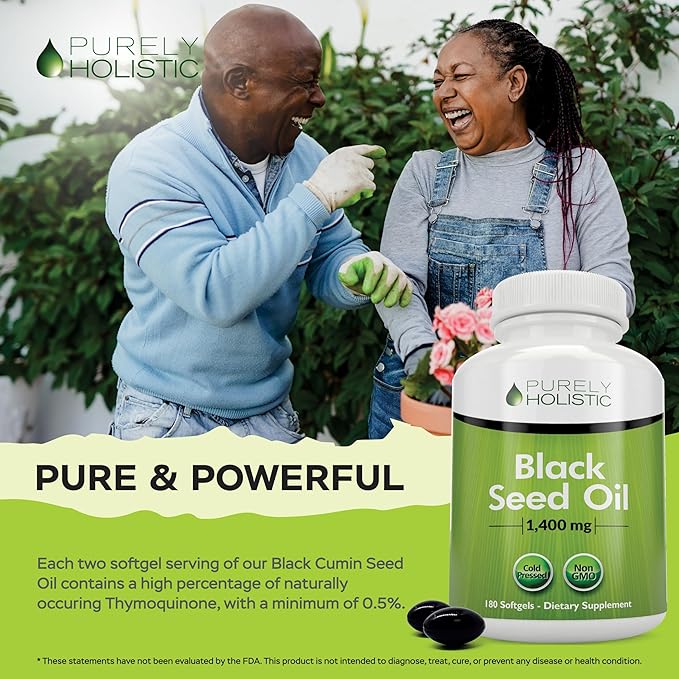 Purely Holistic Black Seed Oil Capsules 1400mg 180 Softgels 3 Month Supply - Cold Pressed Nigella Sativa Rich in Omega 6 9 &amp TQ Black Cumin Seed Oil Immune Support Joints and Digestion