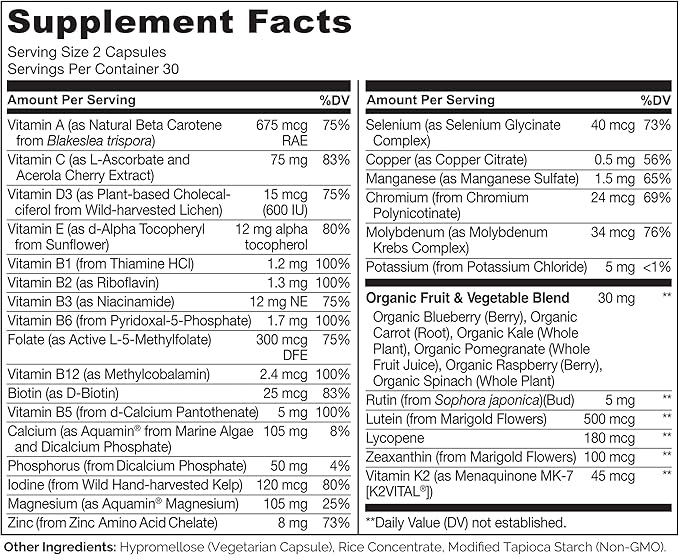 NATURELO Teen Multivitamin - Whole Food Multivitamin for Teenage Boys - Minerals Supplement for Active Kids - with Plant Extracts - Non-GMO - Vegan &amp Vegetarian - 60 Capsules (Pack of 2)