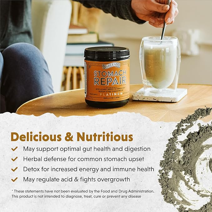 Barlean's Stomach Repair Gut Health Powder Supplement Fiber and Digestive Support Supplements Blend for Detox and Cleanse Vanilla Chai Drink Mix 6.35 oz