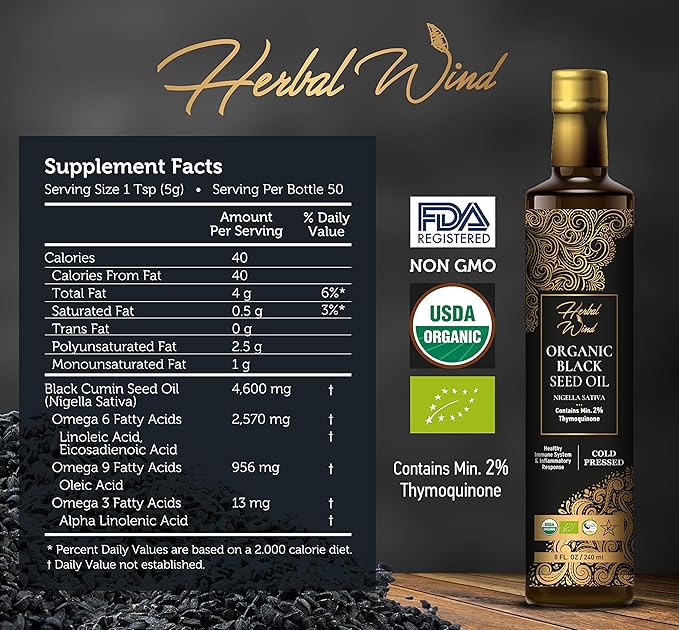 Herbal Wind Black Seed Oil: Cold Pressed USDA Organic Black Seed Oil Liquid - Turkish Nigella Sativa Black Cumin Seed Oil with Min. 2% Thymoquinone for Immune Support Joint Health and More - 8 Fl Oz