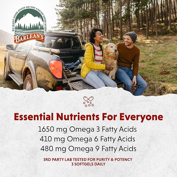 Barlean's Omega 3 6 9 Flaxseed Oil Supplements Cold-Pressed Flax Seed Supplement Softgels with 1650 mg ALA Fatty Acids 250 Count