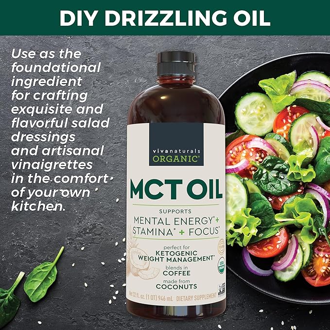 Viva Naturals Organic MCT Oil 32 fl oz – MCT Oil for Coffee USDA Organic Non-GMO Paleo Certified &amp Keto Friendly Supports Energy &amp Mental Clarity