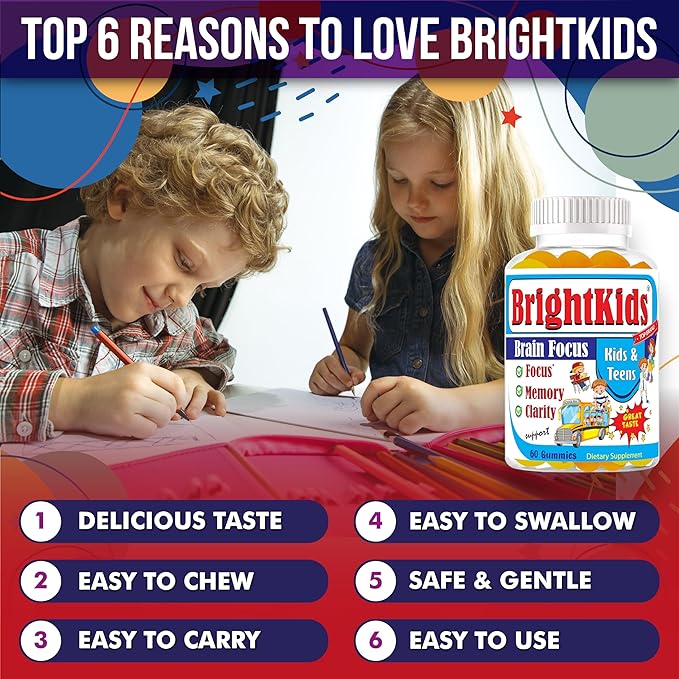 BrightKids Focus Gummies for Kids &amp Teens – Brain Gummies for Memory and Focus Omega 3 DHA Brain Vitamins for Kids Attention &amp Learning Support Supplement Drug-Free Made in USA 60 Count