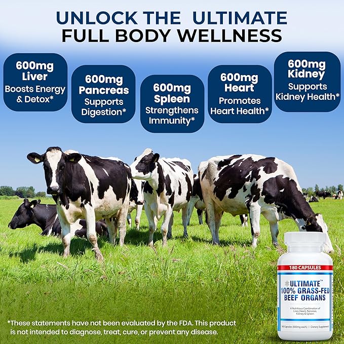 Ultimate 100% Grass Fed Beef Organs Supplement Supports Energy &amp Whole Body Wellness* with a Complex of Desiccated Beef Liver Heart Kidney Pancreas &amp Spleen. Pesticide Free &amp Non-GMO 1