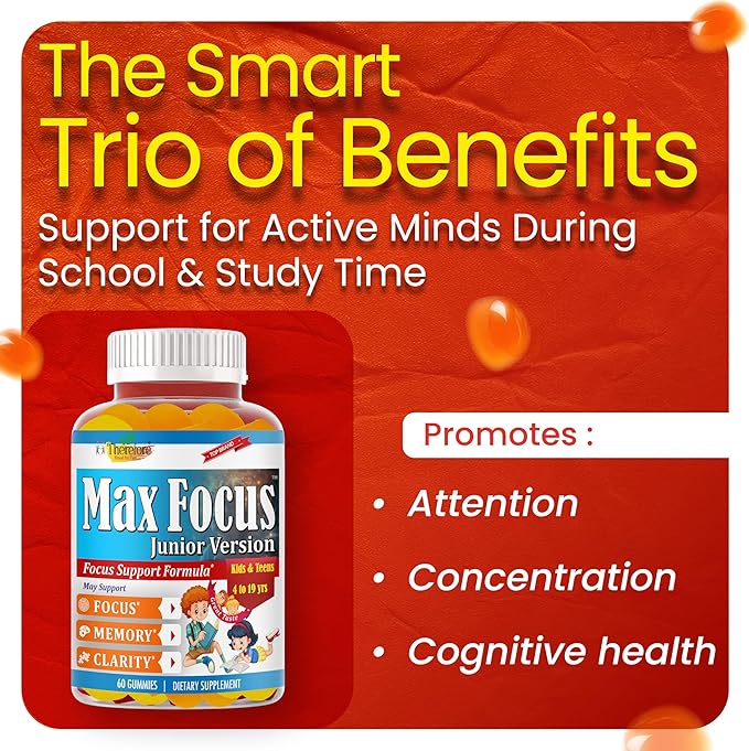 Max Focus Gummies for Kids &amp Teens | Omega 3 for Kids Gummies | DHA Kids Vitamin Gummies for Brain Support | Teen Vitamin | Concentration &amp Learning Support for Children Pre-Teens – 60 Gummie