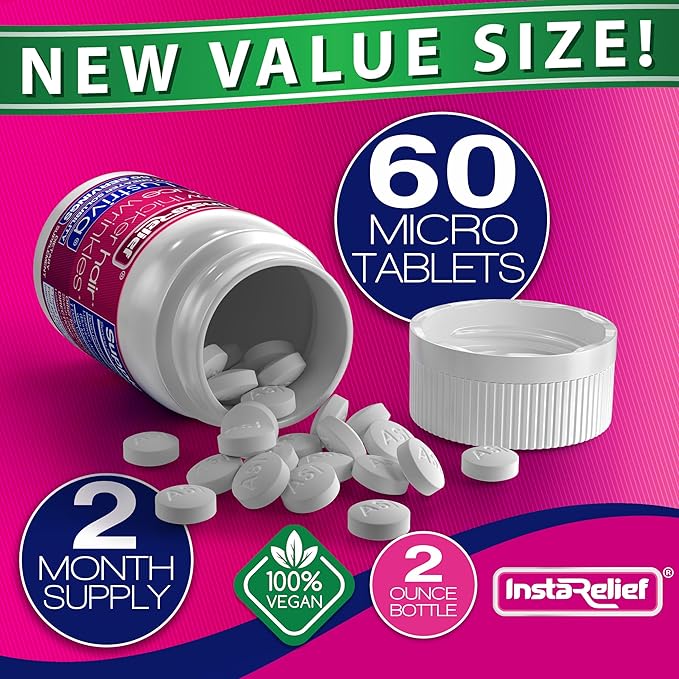 InstaRelief® Hair Growth with Lustriva® - Clinically Shown to Grow Thicker Healthier Hair in 3 Weeks Reduce Wrinkles and Fine Lines with Biotin Silicon and Arginine 60 Tablets