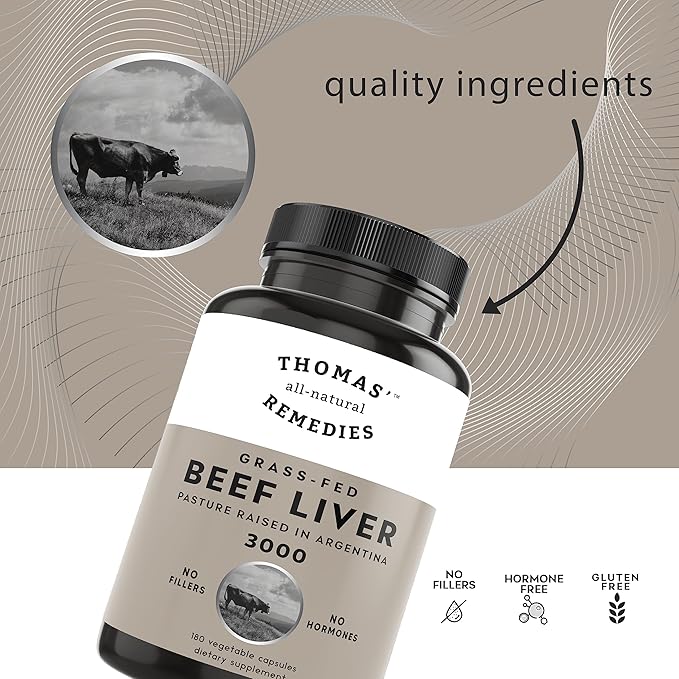 Thomas' all-natural Remedies Grassfed Beef Liver Supplement 3000mg Liver Support Supplement Pasture Raised in Argentina Non-GMO &amp Hormone Free (180 Caps)
