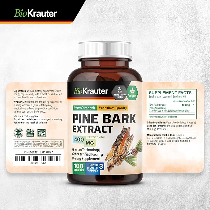 BIO KRAUTER® Pine Bark Extract for Circulatory &amp Antioxidant Support - Vegan French Maritime Pine Bark Herbal Supplements - Natural Antioxidants &amp Skin Support - 400 mg per Serving 100 Сapsul