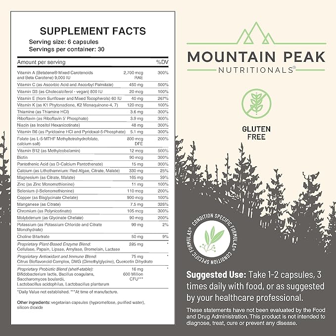 Mountain Peak Nutritionals Ultra High Multivitamin for Men &amp Women - with Vitamins A B12 B6 C D E Magnesium Zinc Folic Acid Digestive Enzymes &amp Probiotics (180 Vegetarian Capsules)