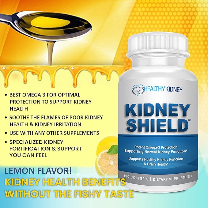 Kidney Shield Omega 3 Fish Oil Supplements - DHA EPA Omega 3 Supplement for Women &amp Men Kidney Health - Omega3 to Support Normal Kidneys Function &amp Cleanse Detox &amp Repair - 120 Lemon Soft