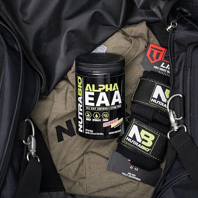 NutraBio Alpha EAA - All-Day Amino Acids for Muscle Growth and Hydration - Essential Amino Acids with Nootropics &amp Adaptogens- Full Spectrum EAA BCAA Powder - 30 Servings - Strawberry Lemon