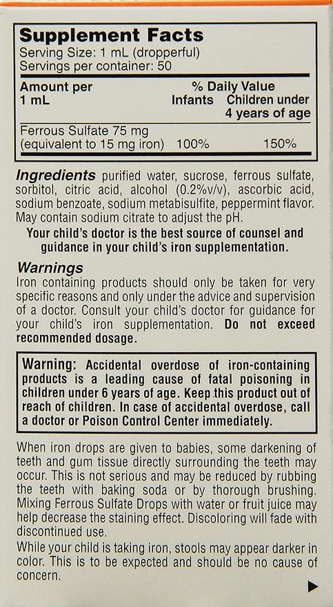 Ferrous Sulfate Iron 15mg/ml Supplement Drops 50ml Bottle -Pack of 3-
