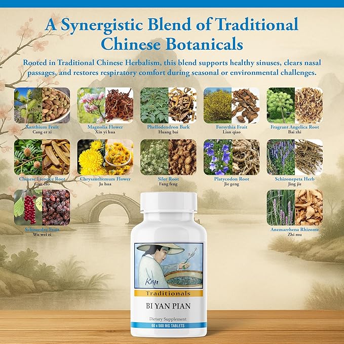 Kan Herbs Company Bi Yan Pian – Traditional Chinese Herbal Formula for Sinus Health Supports Clear Nasal Passages Supports Seasonal Balance Herbal Supplement 60 Tablets