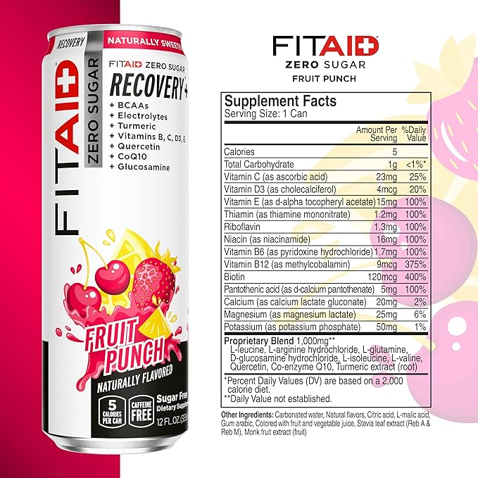 FITAID ZERO Keto-Friendly Number 1 Post-Workout Recovery Drink Contains Zero Sugar BCAA Glucosamine 5 Calories Fruit Punch 12 Fl Oz (Pack of 24) - Packaging May Vary