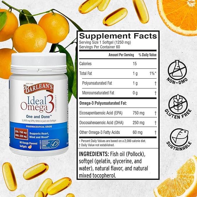 Barlean's Ideal Omega 3 Fish Oil Supplement 1000 mg Softgels Pharmaceutical Grade EPA &amp DHA for Brain Joint &amp Heart Health Orange Flavor 60 ct