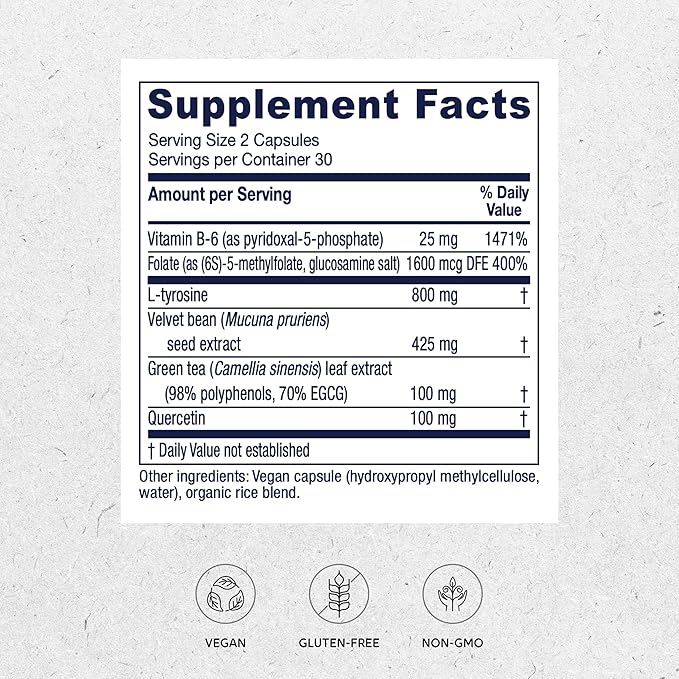 Vitanica Dopamine Assist Dr Formulated Dopamine Supplement L-Tyrosine Mucuna Pruriens Neurotransmitter Mood Support Vitamin B6 Folate Green Tea Extract Quercetin Vegan 60 Capsules
