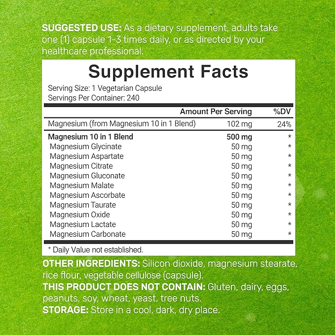 Magnesium Complex 500mg 480 Veggie Capsules – Pack of 2 | 10-in-1 Glycinate Citrate Malate Oxide &amp More – 100% Chelated for Easy Absorption – Essential Mineral Supplement – Non-GMO