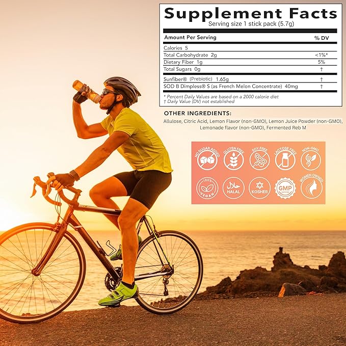 Skin Health &amp Energy Boost Drink Mix- Sugar Free SOD B (TM) Antioxidants from French Melon Concentrate On the Go Stick Packs Lemon 30 Pack