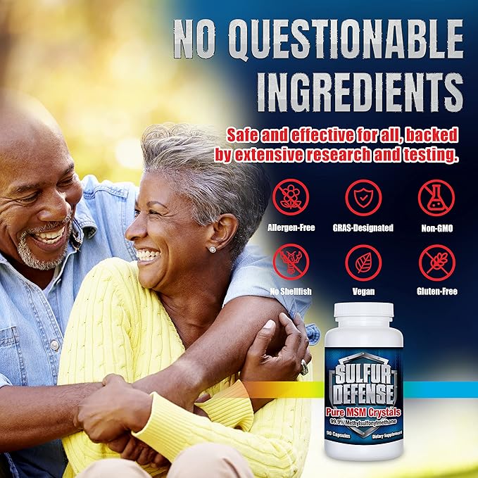 Sulfur Defense Opti-MSM 99.9% Pure MSM Powder Capsules Made in USA Organic Methylsulfonylmethane Non-GMO Gluten-Free Immune System Booster Soothes Joint Pain Younger Skin Hair Nails 90 caps