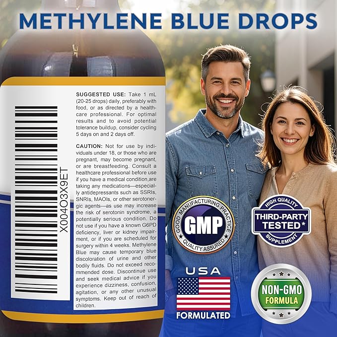 aSquared Nutrition Methylene Blue Drops - 1% Pharmaceutical Grade Liquid Supplement for Humans - 10mg USP Grade w/Vitamin C - No Formaldehyde - Brain &amp Energy Alternative to Capsules (2 fl oz)