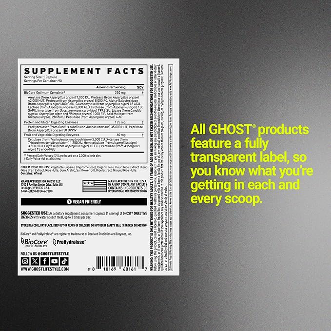 GHOST Basics Digestive Enzymes Supplement for Men &amp Women - Multi-Enzymes Probiotics &amp Prebiotics for Supporting Digestion &amp Gut Health - Vegan Friendly - 90 Veggie Capsules