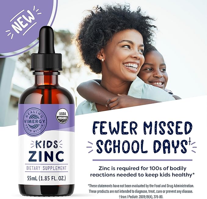 VIMERGY Kids USDA Organic Liquid Zinc Sulfate – for Children &amp Adolescence 1-18 Years Old Fast-Absorbing Immune Support* – Promotes Healthy Bones Hair &amp Skin. Kosher Vegan Non-GMO – 55 mL
