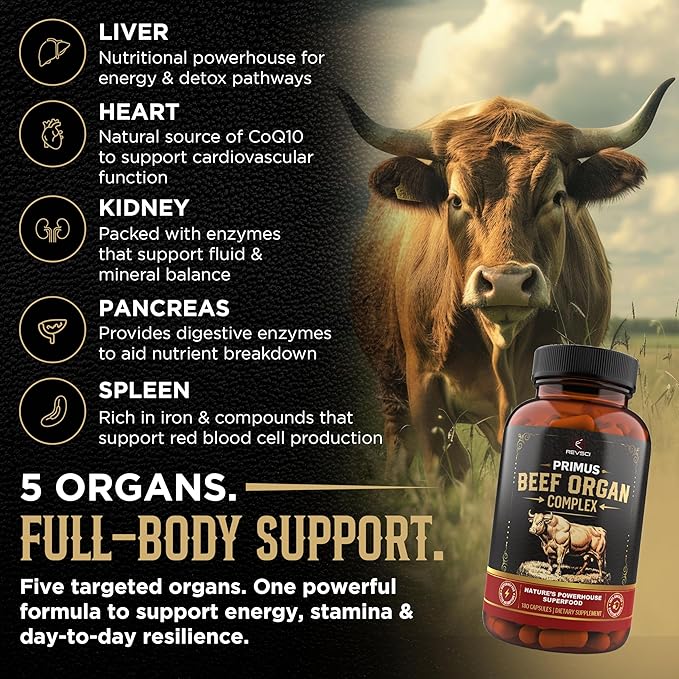 Beef Organ Supplement for Men &amp Women - PRIMUS Grass Fed Beef Liver Capsules with Heart Primal Ancestral Blend 5 Organ Meat Supplements Viking Energy Complex BioPerine for Absorption 180 Pills
