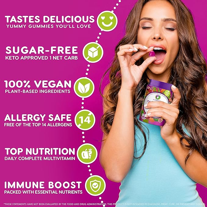 NUTRAMIN Daily Vegan Keto Multivitamin Gummies Non-GMO Natural Vitamin C D + Zinc for Immunity Plant-Based Sugar-Free Nut-Free Gluten-Free Biotin Vitamin A B B6 B12 &amp More 45 Days (90 Co