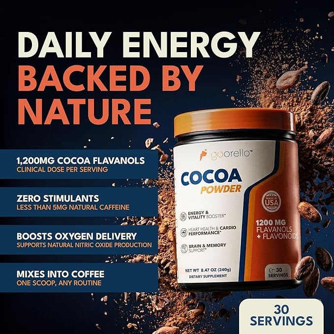 High Flavanol Cocoa Powder Supplement 1200mg Cocoa Flavanols &amp Flavonoids 30 Servings for Support Heart Health Blood Flow &amp Nitric Oxide Dark Cocoa Flavor
