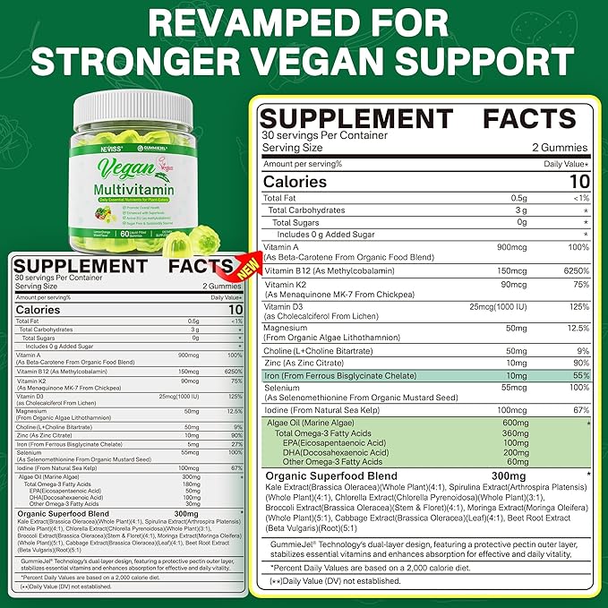 NEVISS Vegan Multivitamin for Women &amp Men w/Methyl B12 D3 K2 Plant Based Omega 3 (DHA+EPA) Iron Choline Zinc Whole Food Daily Vitamins Gummies for Vegans &amp Vegetarians Sugar Free 60Cts