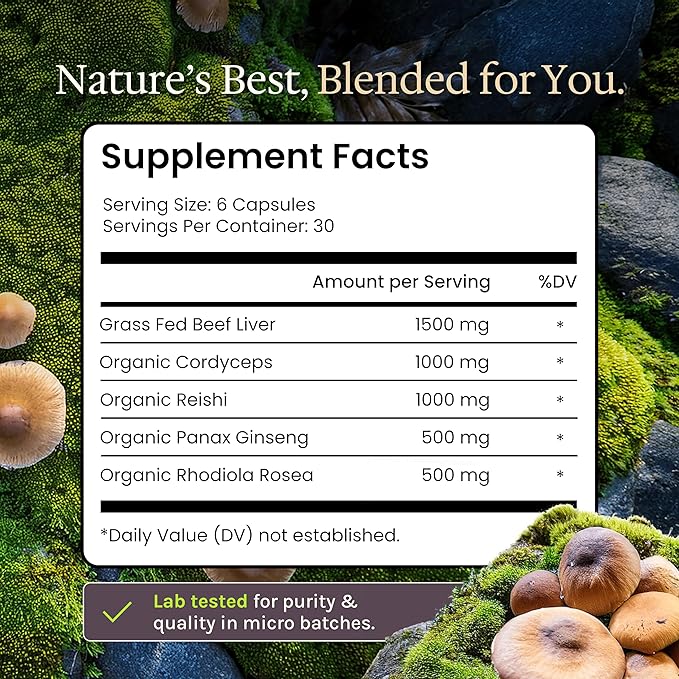 Grass Fed Beef Liver with Cordyceps Reishi Panax Ginseng &amp Rhodiola — Foundation 180 Capsules — Non-GMO No Fillers Third Party Tested