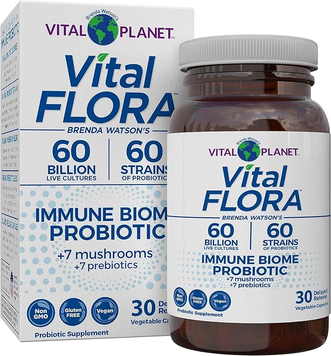 Vital Planet - Vital Flora Immune Support Probiotic 60 Billion CFU Diverse Strains Organic Mushroom Supplement Blend with Prebiotics Digestive Health Probiotics for Women and Men 30 Capsules