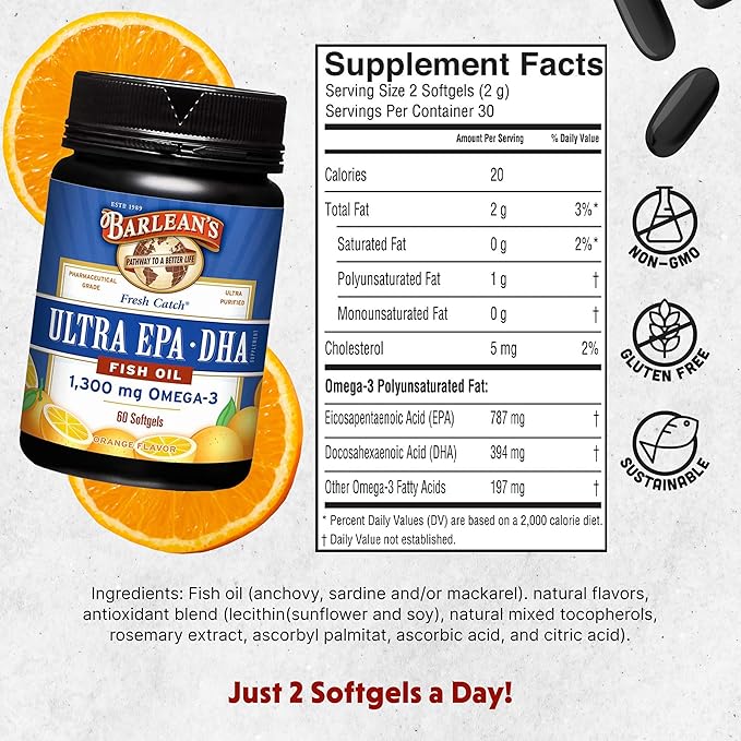 Barlean's Omega 3 Fish Oil Supplements Supplement Softgels for Men and Women 1300 mg Ultra EPA and DHA Fatty Acids Orange Flavored 60 Count
