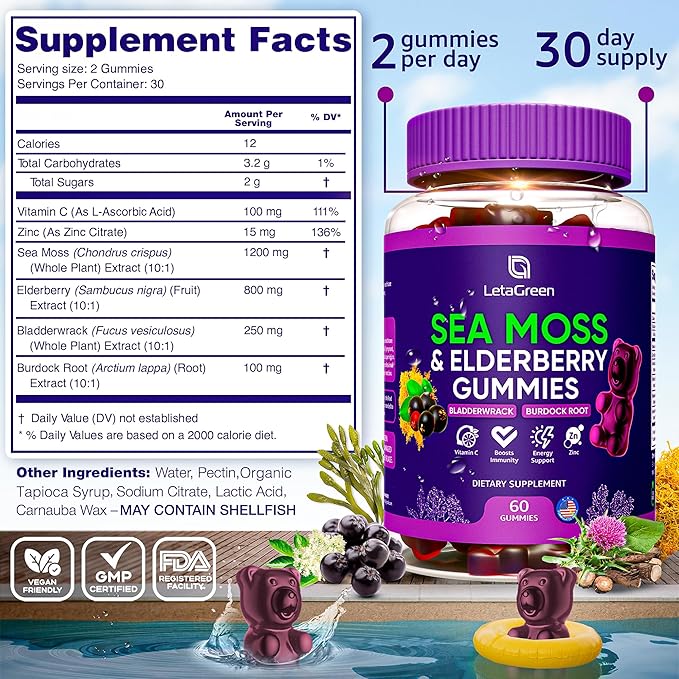 Irish Sea Moss Gummies – Bladderwrack Burdock Root Elderberry Vitamin C &amp Zinc – 60 Vegan Seamoss Gummy Bears for Adults Kids Men Women – Multimineral Elderberry Vitamins