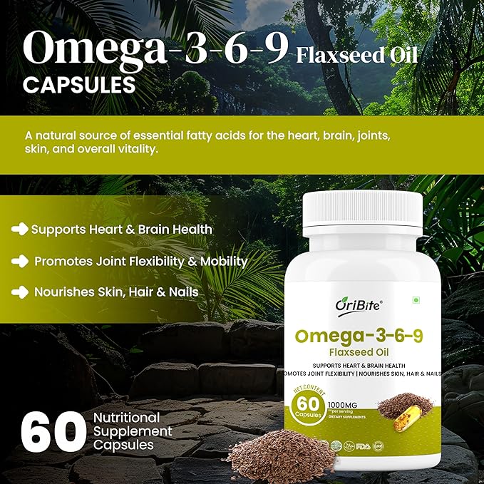 Omega 3-6-9 Flaxseed Oil 1000mg – Triple Omega Fatty Acids Supplement for Heart Brain Joint Skin &amp Hair Health – 60 Capsules