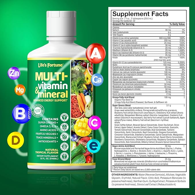 Life's Fortune Liquid Multivitamin for Adults Men &amp Women Teens – High Absorption Daily Vitamins – Trace Minerals Amino Acids Biotin L-Arginine – Tropical Flavor Sugar Free 32 oz (Pack of 2