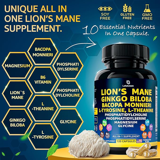 Organic Lions Mane Supplement Capsules - 240 Real Mushrooms Lion's Mane Capsules with Ginkgo Biloba Herb Bacopa Monnieri L Theanine L Tyrosine - Mushroom Complex for Daily Wellness