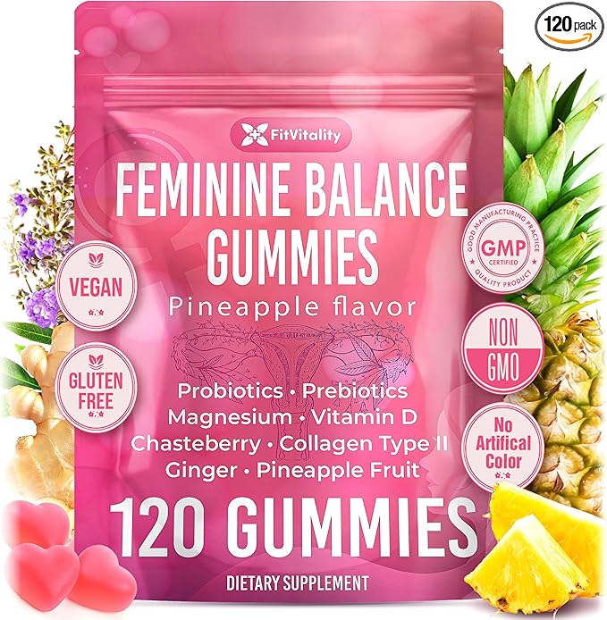 Premium 120 Feminine Balance Gummies – Probiotics Collagen Type II Chasteberry Vitamin D &amp Magnesium – Gluten-Free Pineapple Flavor Vegan