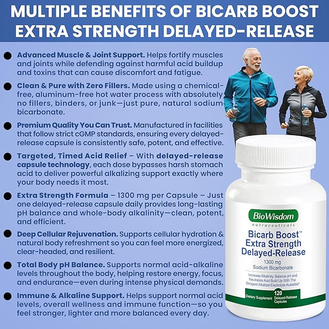 Bicarb Boost Sodium Bicarbonate Capsules Extra Strength 1300mg Organic Use Delayed-Release Sodium Bicarbonate Tablet Kidney Alkalinity Health Pure Baking Soda Tablet 120 Sodium Pills