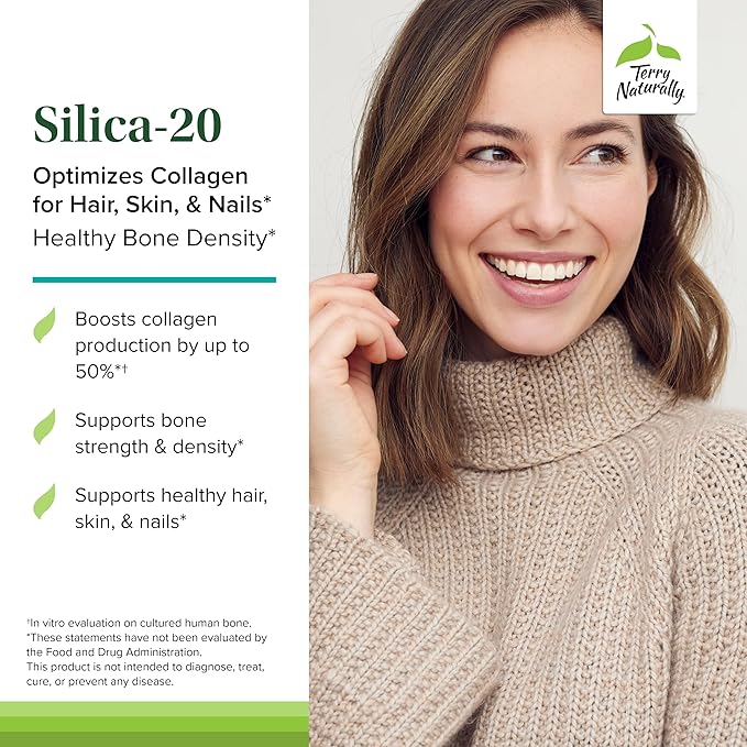 Terry Naturally Silica-20 - Support Hair Growth &amp Nail Strength - Collagen Supplement to Aid Bone Density &amp Strength - Skincare Supplement to Support Skin Nail &amp Bone Health - 90 Tablets