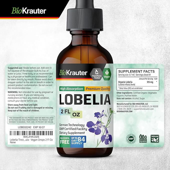 BIO KRAUTER Lobelia Tincture for Lung Cleanse &amp Detox - Pure Vegan Lobelia Herb Liquid Extract - 2 Fl.Oz. 84 Days of Supply - Respiratory Support Supplement - Alcohol &amp Sugar Free Non-GMO