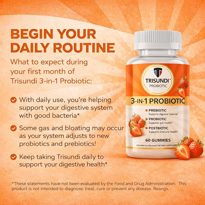 3-in-1 Probiotic Gummies with Prebiotic &amp Postbiotic Strawberry Flavor Daily Digestive Support Supplement 60 Gummies
