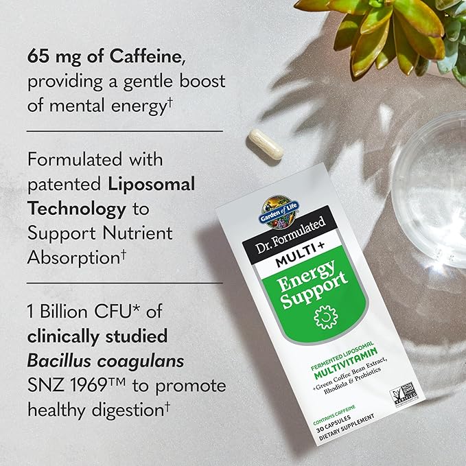 Garden of Life Dr. Formulated Multi+ Energy Support Capsule with Green Coffee Bean Rhodiola &amp Probiotics – Energy and Immune Support Non-GMO Gluten-Free 30 Capsules